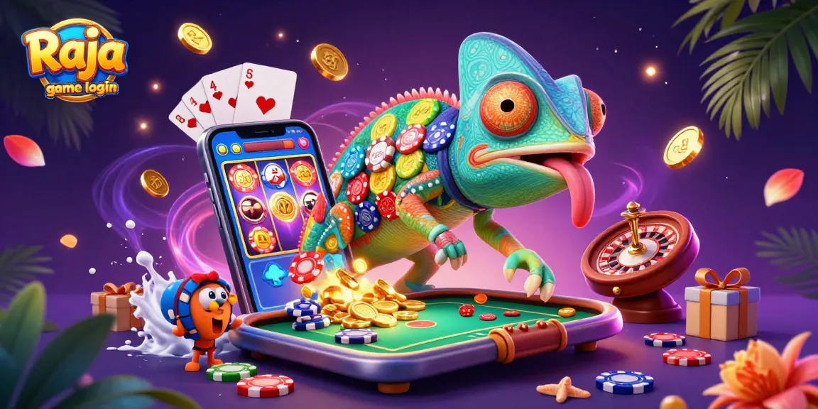 Engage with Raja game login as a vibrant chameleon casino owner watches over exciting games.