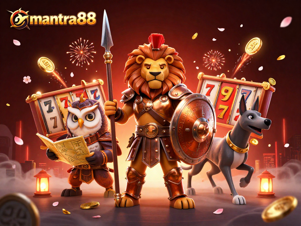 Engage with mantra88's thrilling gameplay featuring vibrant slot reels, a heroic lion, and dynamic casino elements.