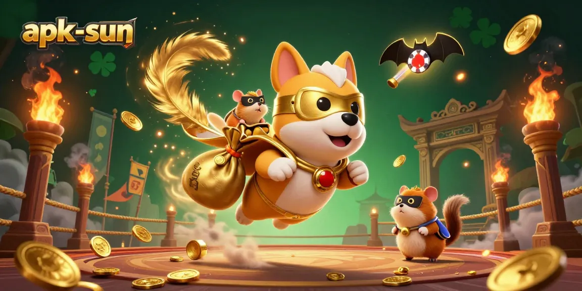 Experience the thrill at apk-sun with a superhero dog and hamster in a vibrant gambling world.