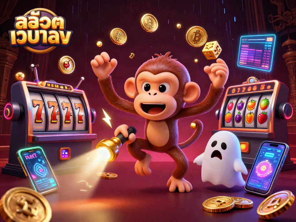 Win big with สล็อตเว็บตรง in this lively illustration featuring a playful poltergeist and ghost-hunter in a vibrant casino.