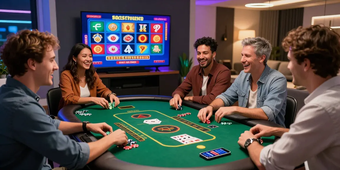 Exciting scene of Australian players enjoying online casinos Australia, engaging in a live dealer game with poker chips and a smartphone nearby.