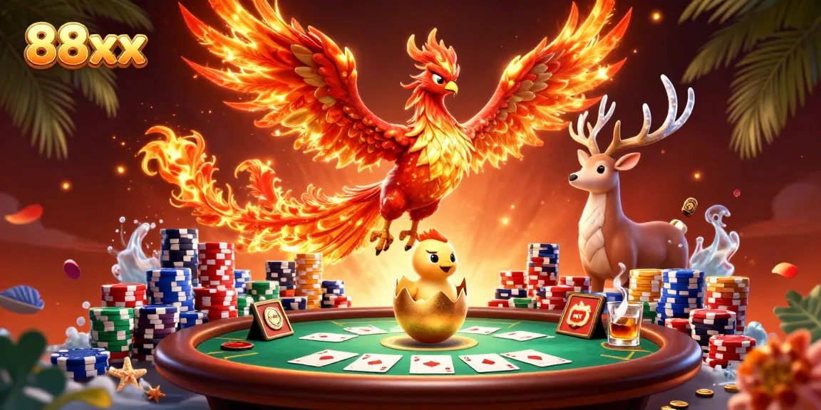 Experience the exhilarating world of poker with 88xx as fiery phoenixes soar and poker chips fly in this thrilling casino scene.