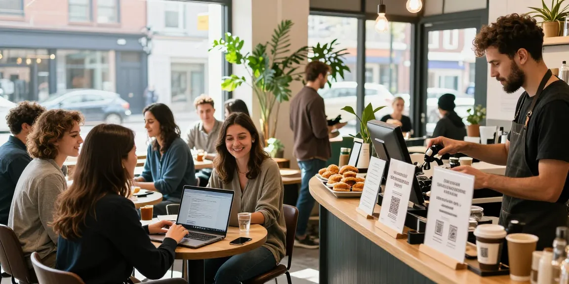 Customer loyalty application in action at busy coffee shop, barista scanning QR codes while patrons enjoy rewards and coffee.