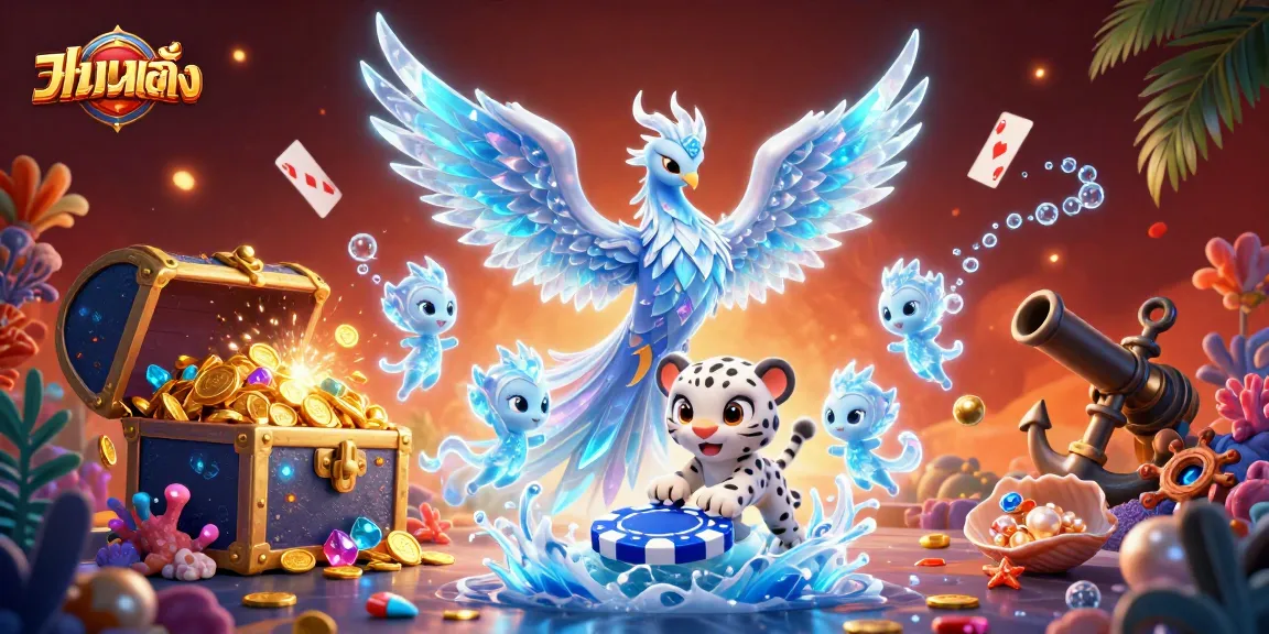 แทงบอลเต็ง with an ice phoenix and a snow leopard cub exploring a vibrant underwater treasure scene
