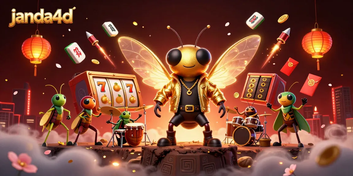 Engaging scene with janda4d's cicada rock star, vibrant slot reels, and dynamic casino atmosphere