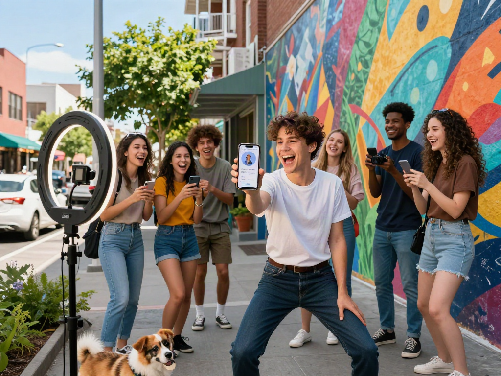 Test attractiveness with friends in a colorful urban setting, showcasing fun and confidence while using a smartphone app.