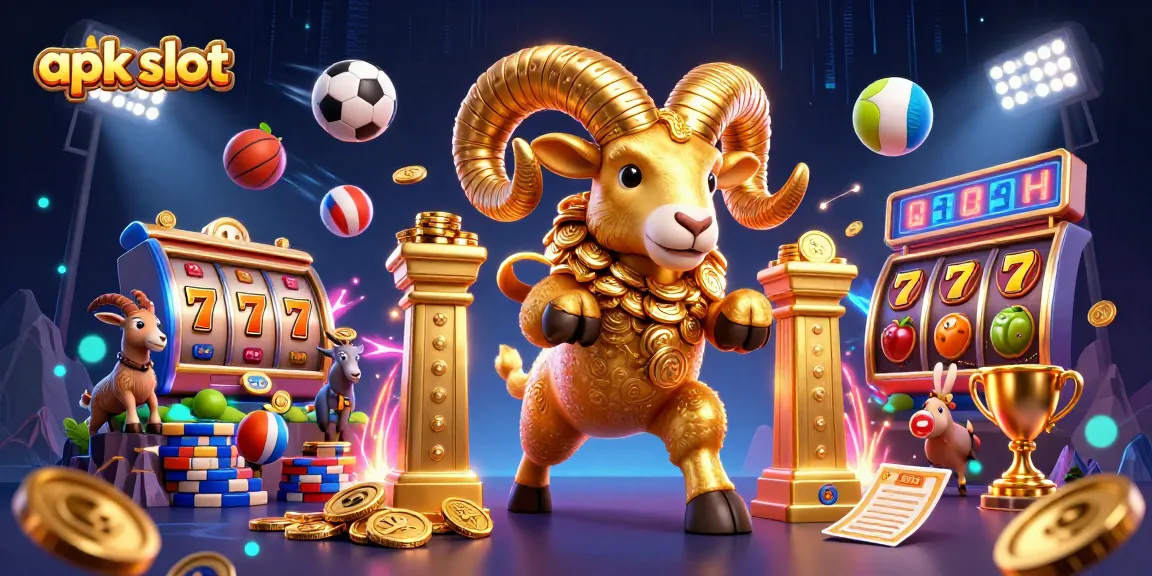 Celebrate wins with apk slot in a vibrant 3D casino-themed illustration featuring golden ram and slot symbols.