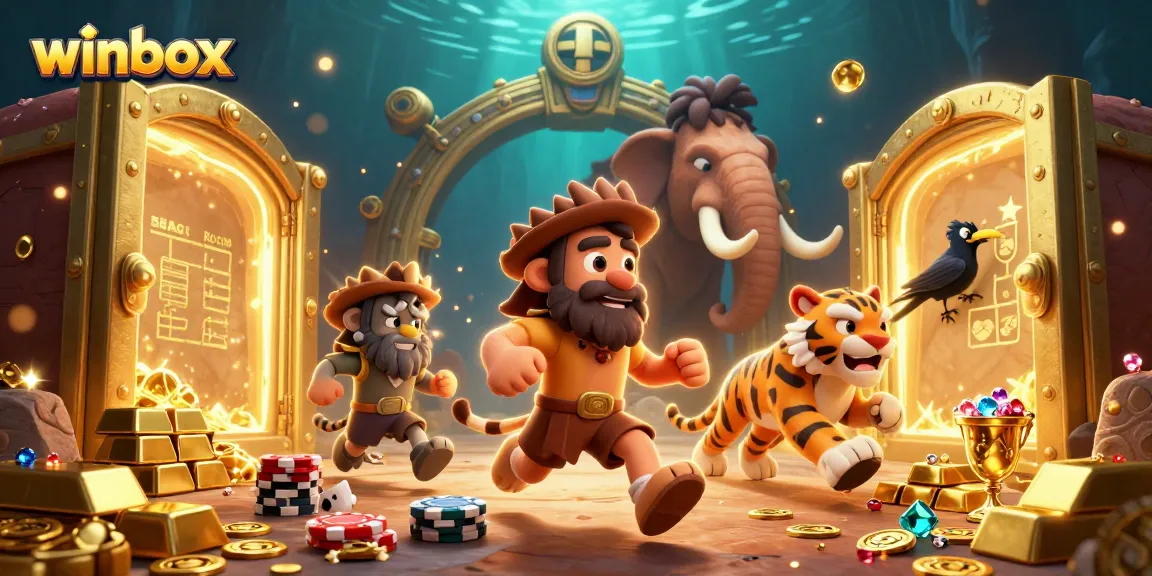Experience winbox magic with our unique casino scene featuring a playful caveman duo and treasures.