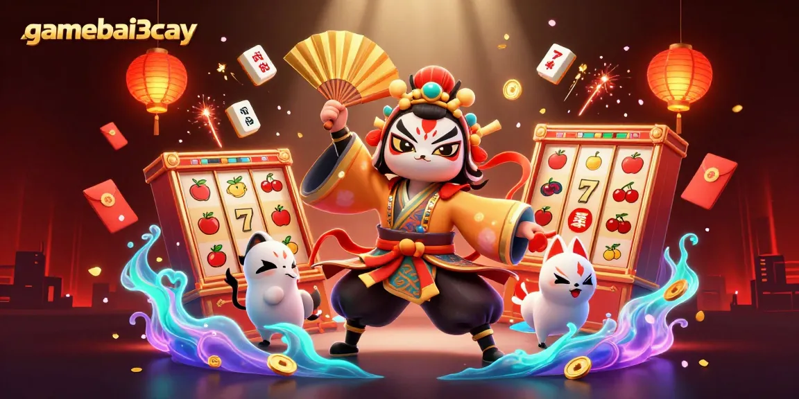 Engage in the vibrant world of gamebai3cay and experience spinning slot reels amidst colorful festive elements.