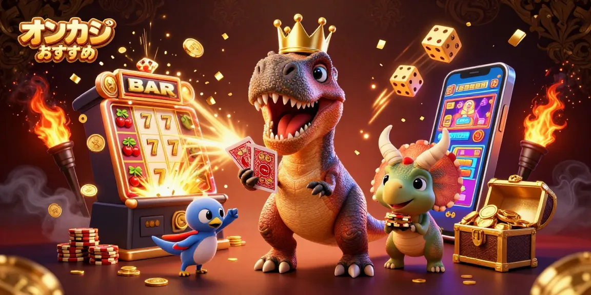 オンラインカジノのおすすめ 情報を紹介するT-Rex、プテラノドン、トリケラトプスが描かれたシーン