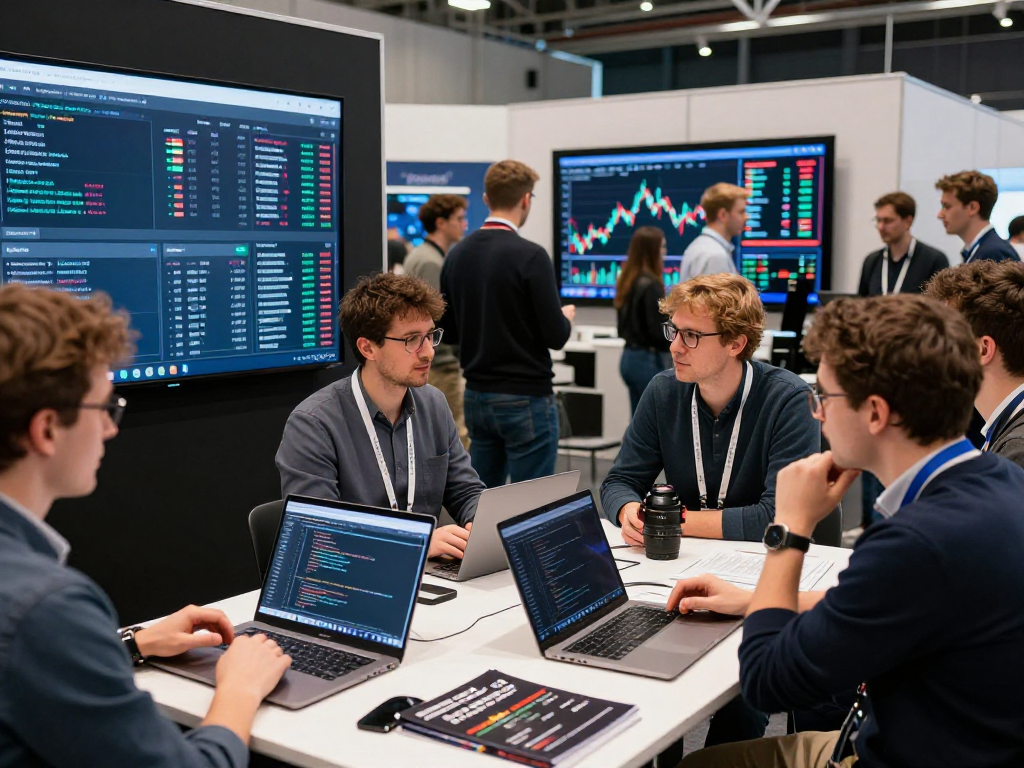 Developers analyzing the German algo trading stock API at a tech event, showcasing real-time market data.