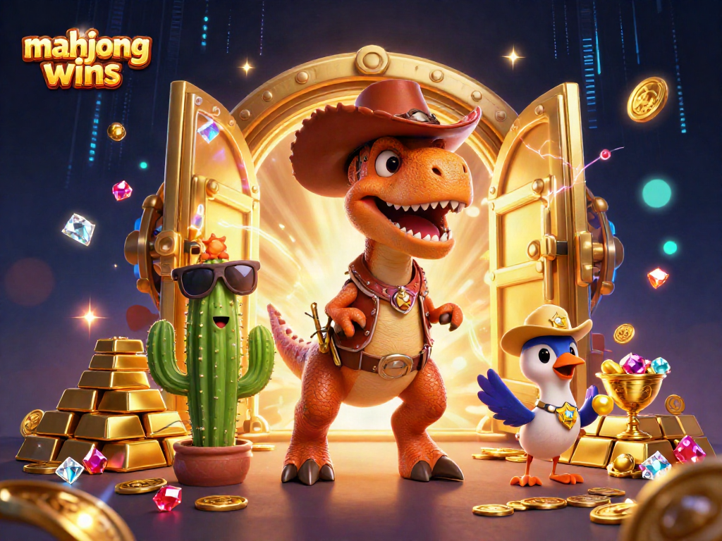 Experience mahjong wins with vibrant casino characters in an action-packed 3D illustration.