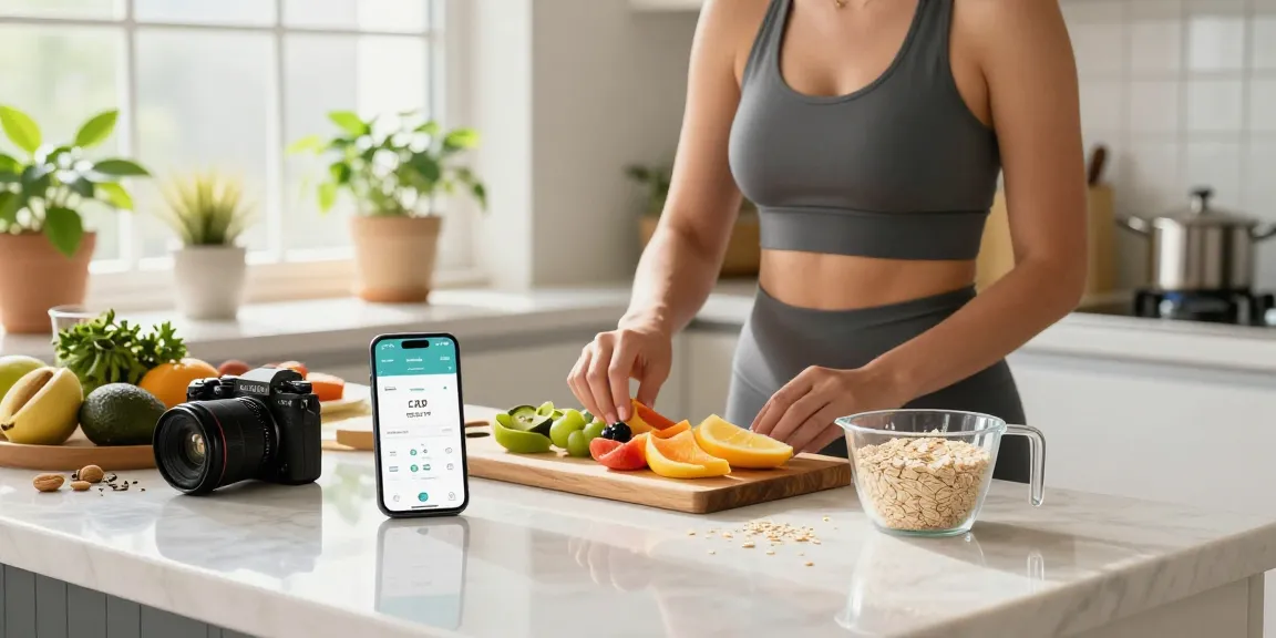 The best weight loss app showcased in a bright kitchen with a woman preparing a healthy breakfast.