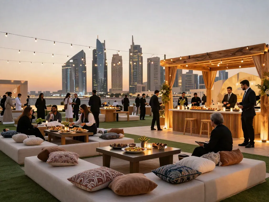 Event rental ksa setup with luxurious outdoor seating and picturesque city skyline.