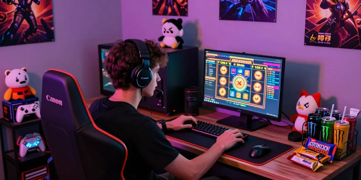 slot depo 5k young gamer immersed in online casino excitement with vibrant gaming setup