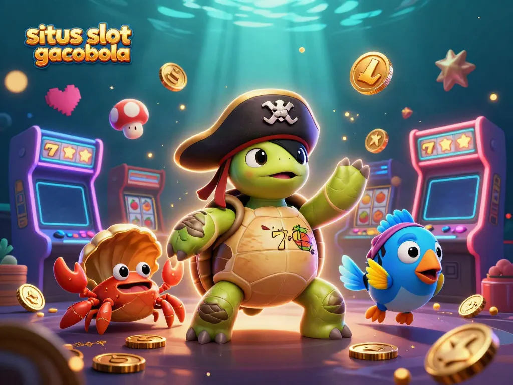 Engage with situs slot gacor zeusbola featuring a pirate turtle, golden crab, and colorful slot elements.