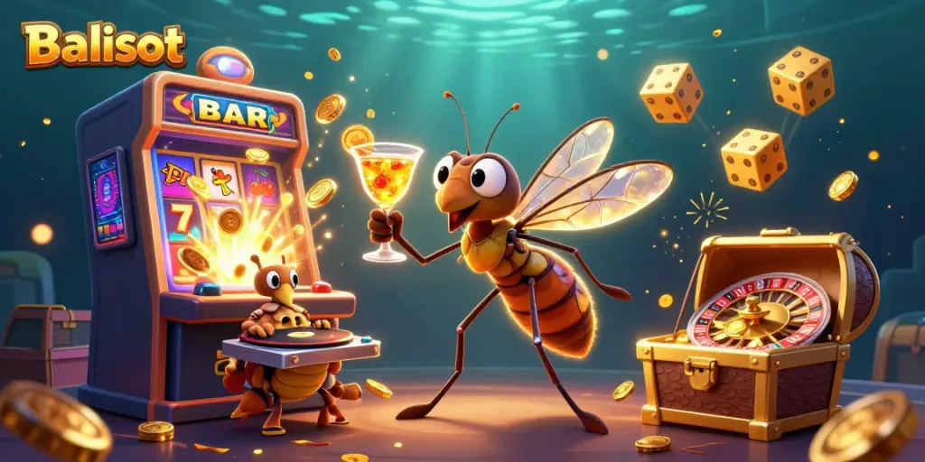 Engage with Balislot through vibrant casino scene featuring colorful game elements and mascot.