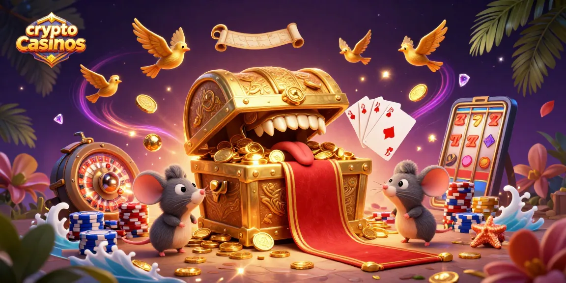 Découvrez les crypto casinos avec une illustration attrayante des trésors et jeux qui attirent les joueurs.
