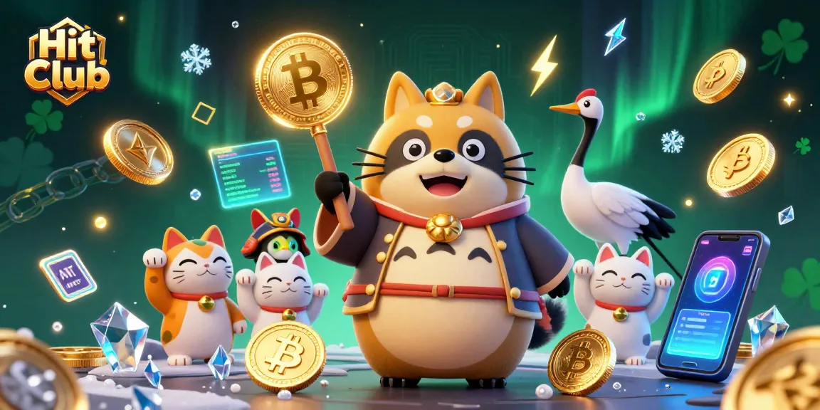 Hit Club features a cheerful tanuki celebrating wins with vibrant colors and cryptocurrency in a dynamic casino scene.