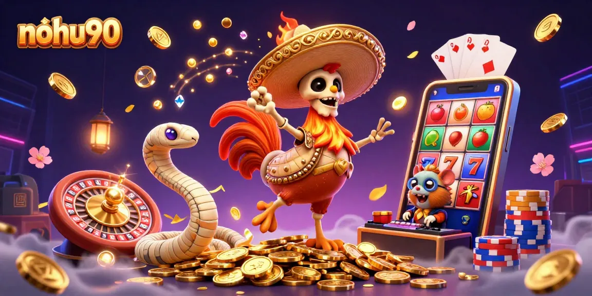 Nohu90 spins golden coins and slots while celebrating with a mariachi rooster and DJ hamster.