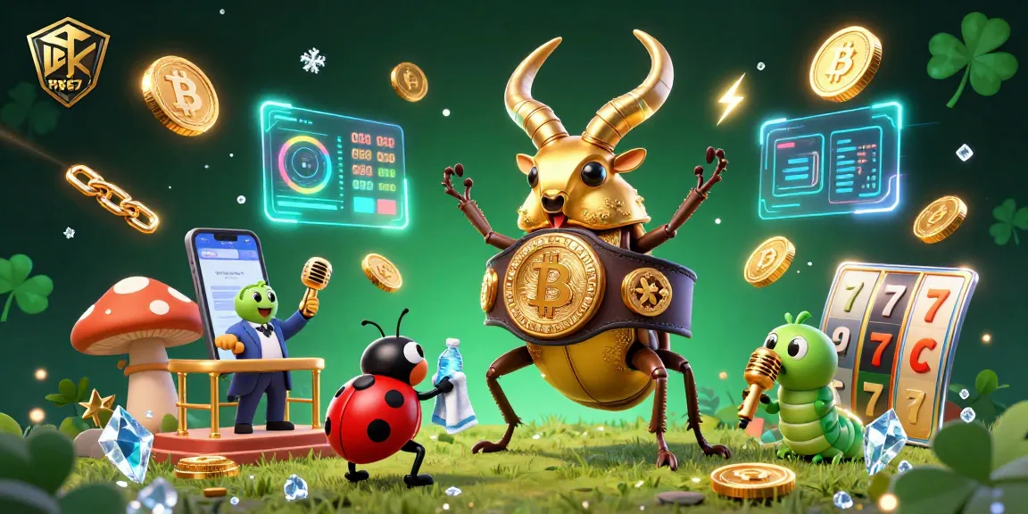 Engage in thrilling games with PK67 featuring a giant stag beetle and vibrant crypto elements.