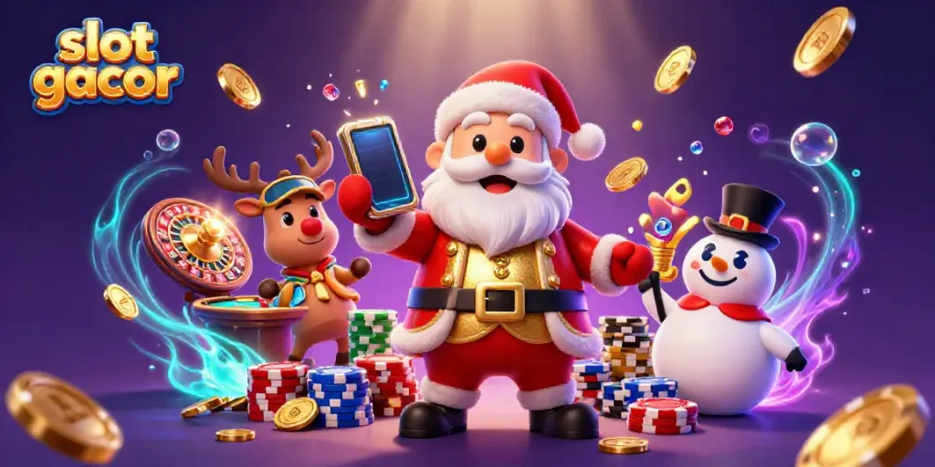 Engage in high-stakes fun with slot gacor games, vivid casino action illustration showcasing Santa and friends.