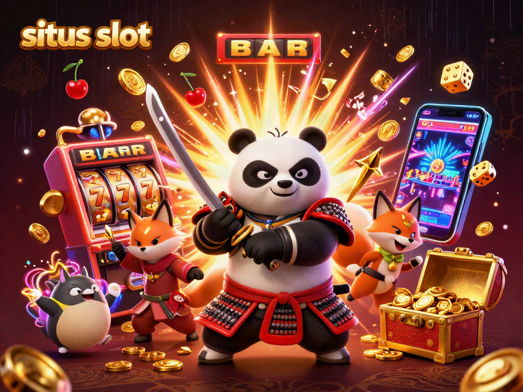 Experience thrilling wins at situs slot with a vibrant 3D scene featuring samurai panda and slot machine.