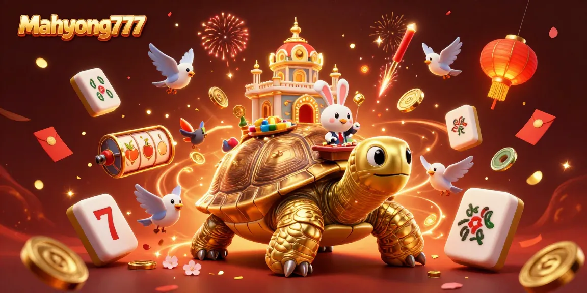 Engage with mahyong777 in this vibrant 3D casino scene featuring a golden tortoise and festive elements.
