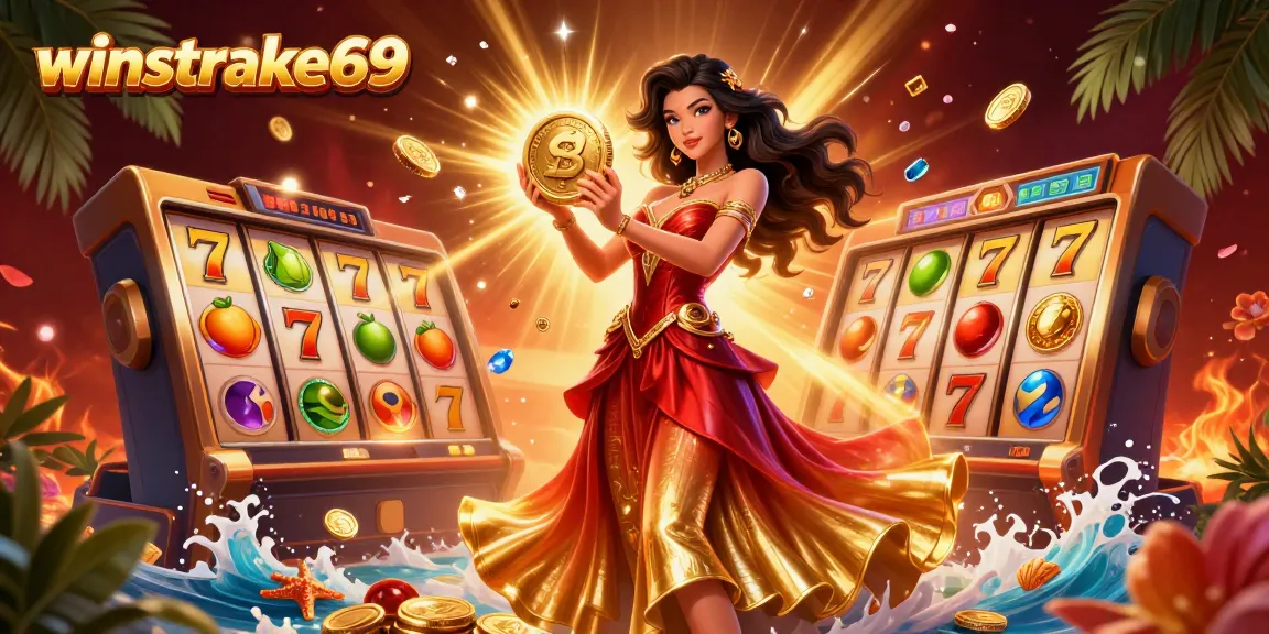 Winstrike69 features a stunning Asian woman holding a golden coin amidst vibrant casino elements.