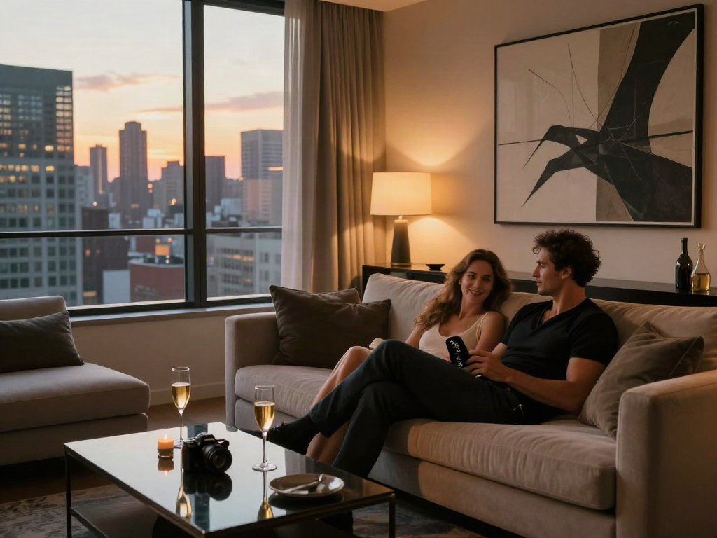 Suasana mewah luxury111 dengan pasangan santai di apartemen modern.