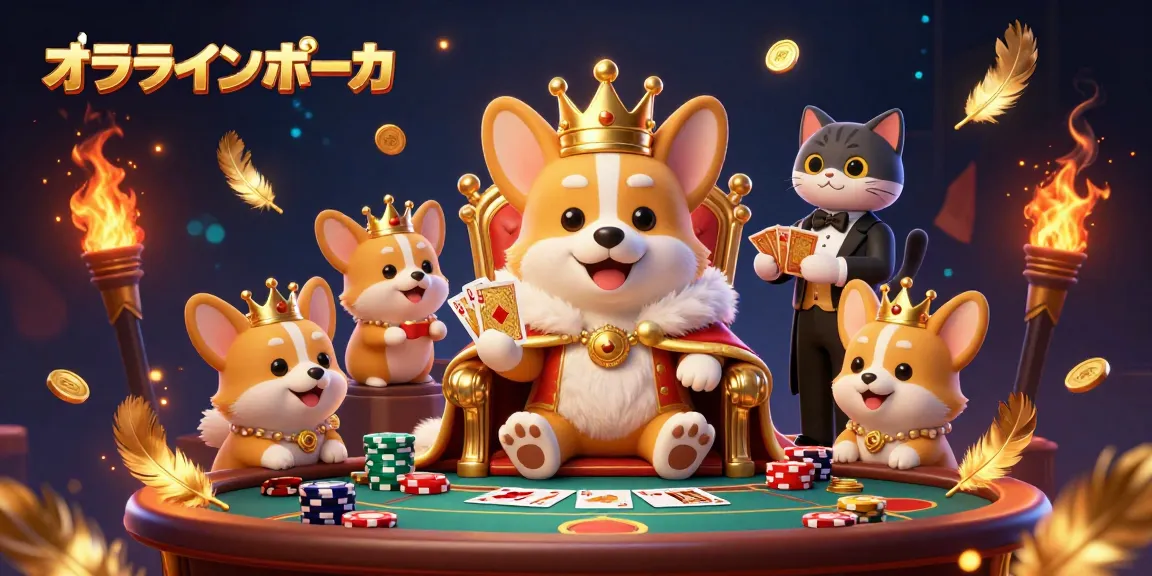 オンラインポーカで勝負する王族のコーギーとプレゼンテーションする猫バトラーが描かれたビジュアル