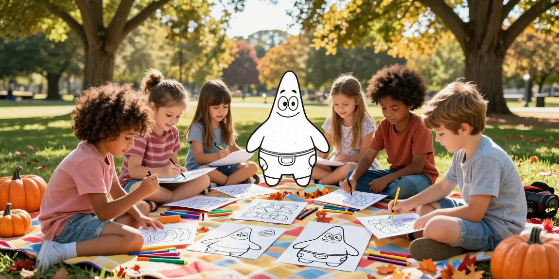 Children enjoying Seasonal coloring pages of Patrick Star in a sunny park atmosphere.