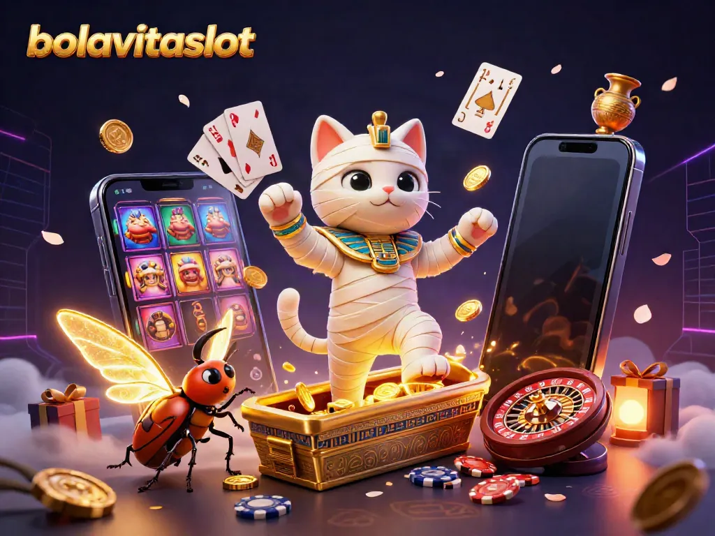 Experience the excitement of bolavitaslot with vibrant 3D scenes featuring a mummy cat and thrilling slot gaming elements.