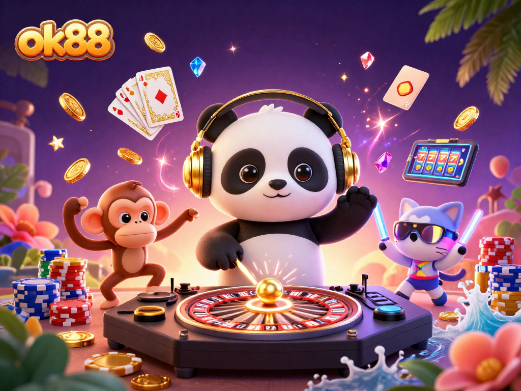 Spin to win with ok88 as a DJ panda and friends create an exciting casino atmosphere.