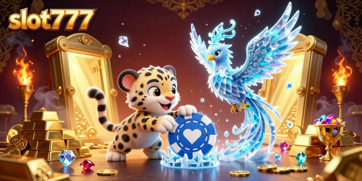 Experience thrilling gameplay with slot777, featuring a captivating scene of a snow leopard cub and an ice phoenix amidst shining treasures.