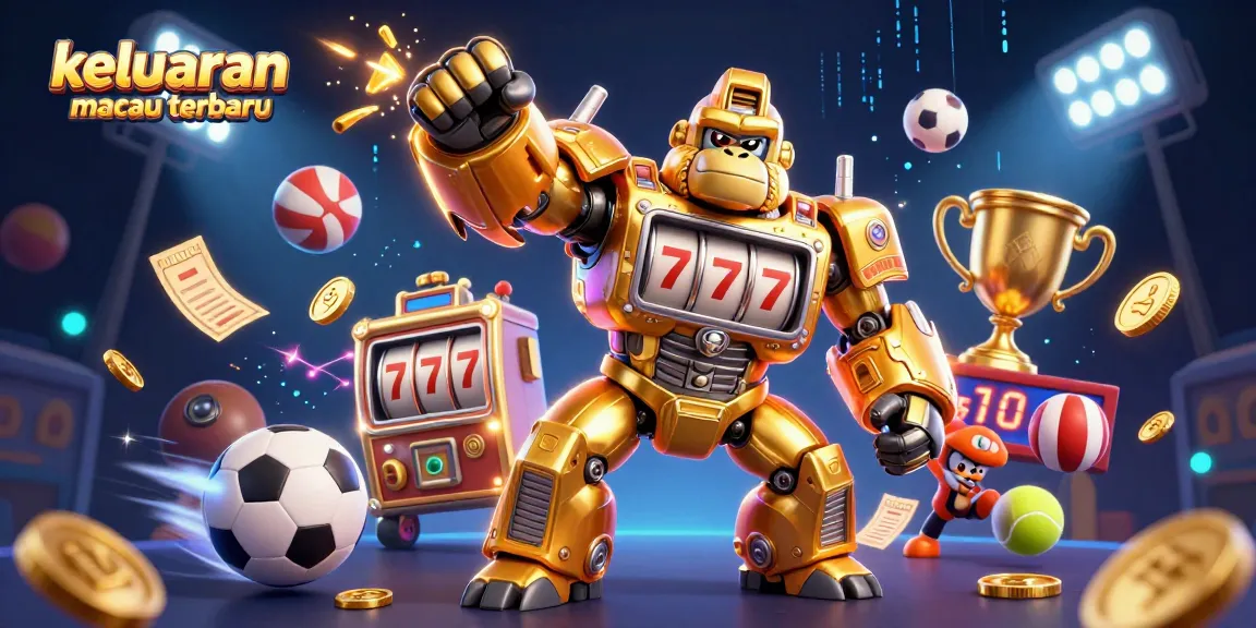 Engage in the excitement of keluaran macau terbaru with a dynamic 3D casino scene featuring a golden gorilla mech and sports elements.