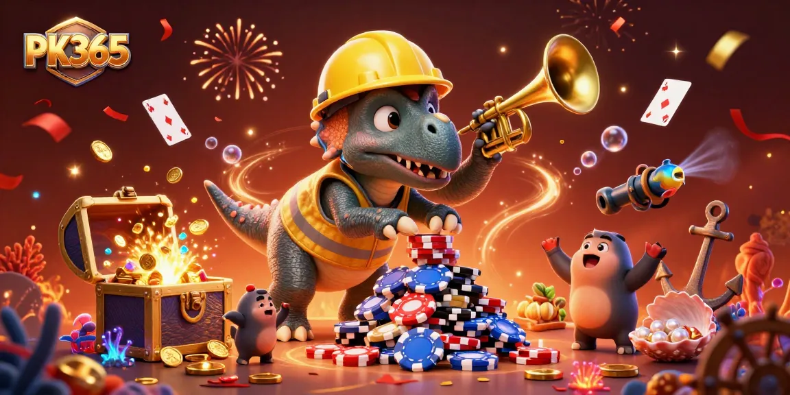 PK365 triceratops builds poker chips with colorful gems and festive confetti in a vibrant casino scene