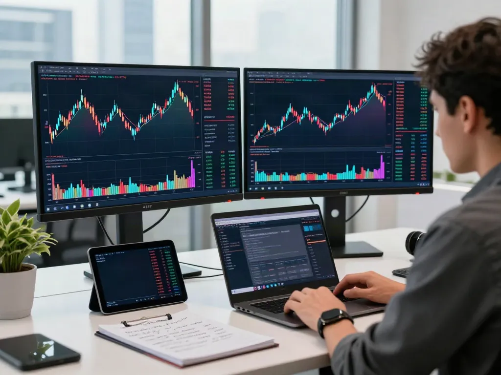 Trader using TradingView charts in a modern workspace, analyzing financial markets.