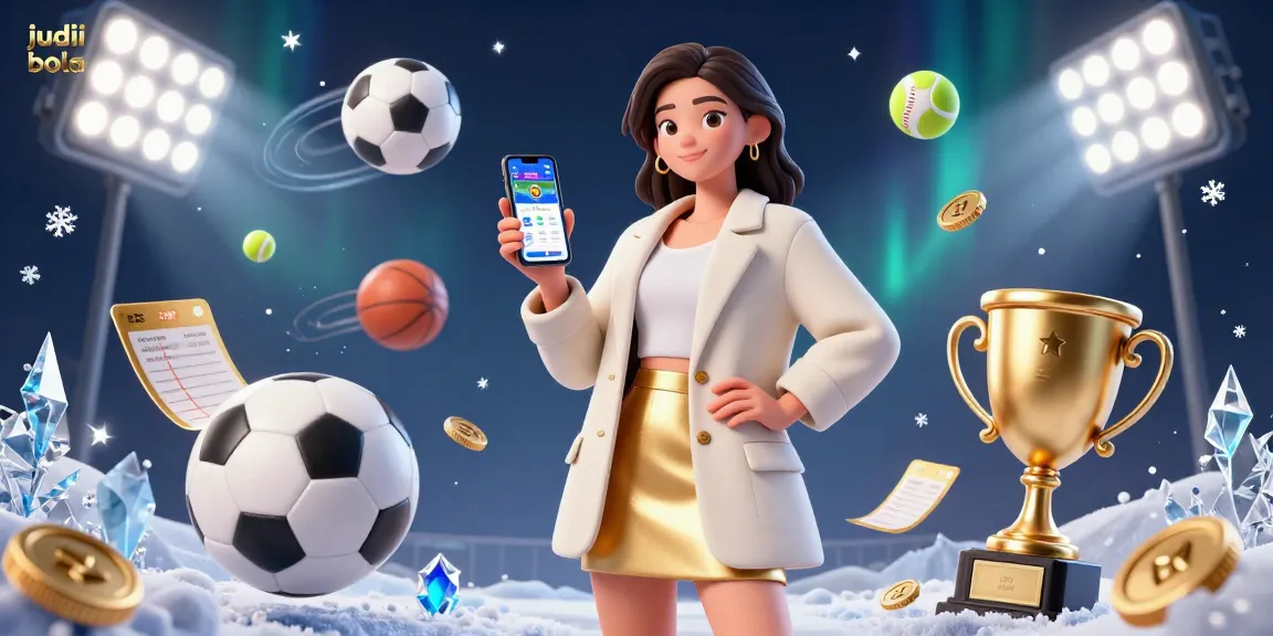Engage in judi bola betting with a 3D illustration of a woman showcasing a sports betting app.