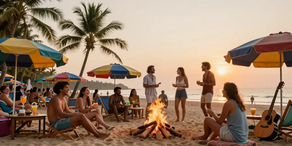 Goa escorts enjoying a vibrant beach party, socializing near a bonfire at sunset.