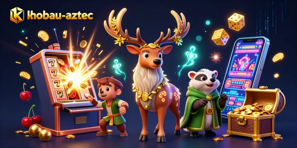 Experience the thrill of khobau-aztec with this vibrant illustration of slot machines and magical characters.