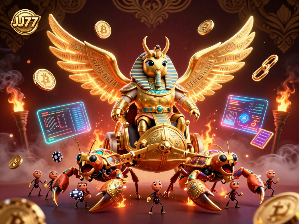 Experience winning strategies with JJ77 in this vibrant 3D casino illustration full of action.