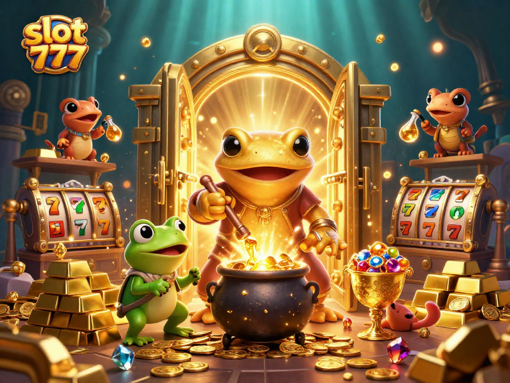 Spin the slot 777 reels surrounded by enchanting golden treasures in this 3D casino illustration.