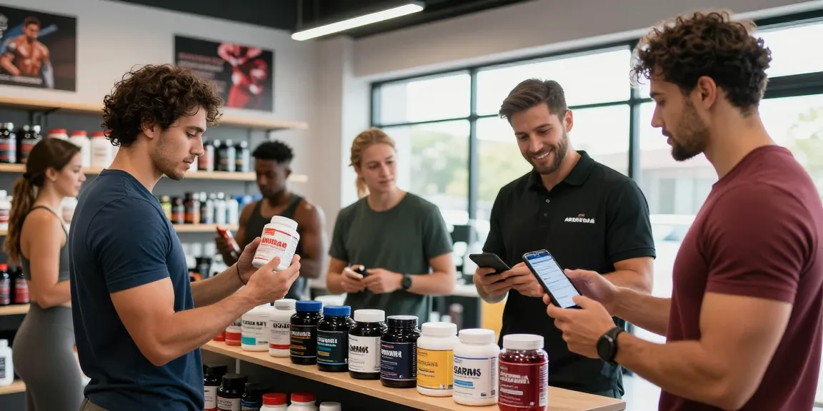 Engaged shoppers at the Astera Shop exploring lab-tested fitness supplements in a vibrant, energetic store.