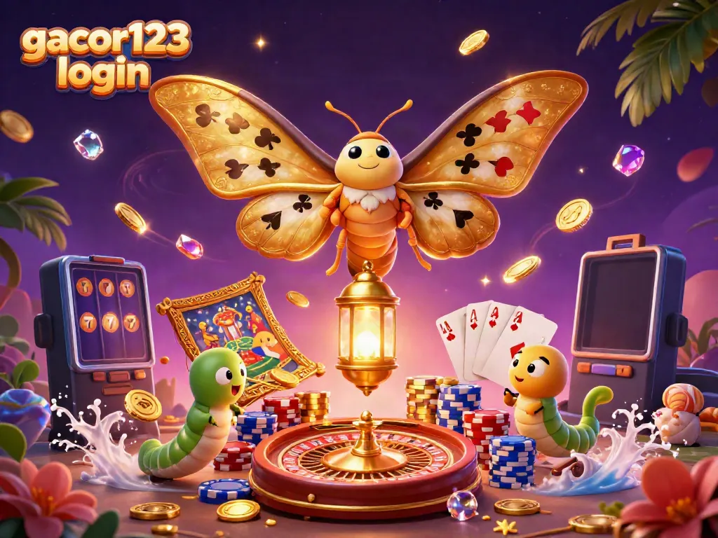 Experience the excitement of gacor123 login with vibrant 3D casino elements like moth and spinning roulette.
