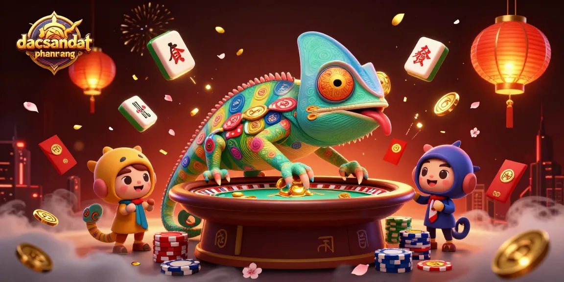 Spin to win at dacsandatphanrang with the vibrant chameleon casino owner amidst festive elements.