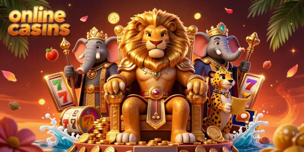 Join the fierce lion, wise elephant, and swift cheetah exploring online casinos with vibrant game symbols.