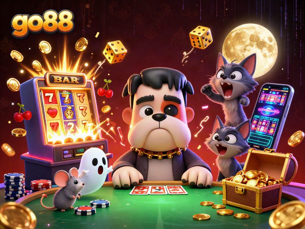 Go88 themed illustration with a Frankenstein bulldog dealing cards and a jackpot explosion.