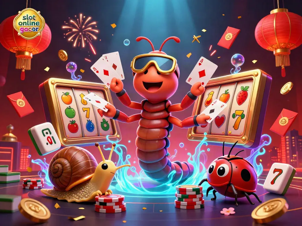 Experience the vibrant world of slot online gacor with a thrilling 3D illustration of a dealer and high-roller characters amidst dazzling casino elements.