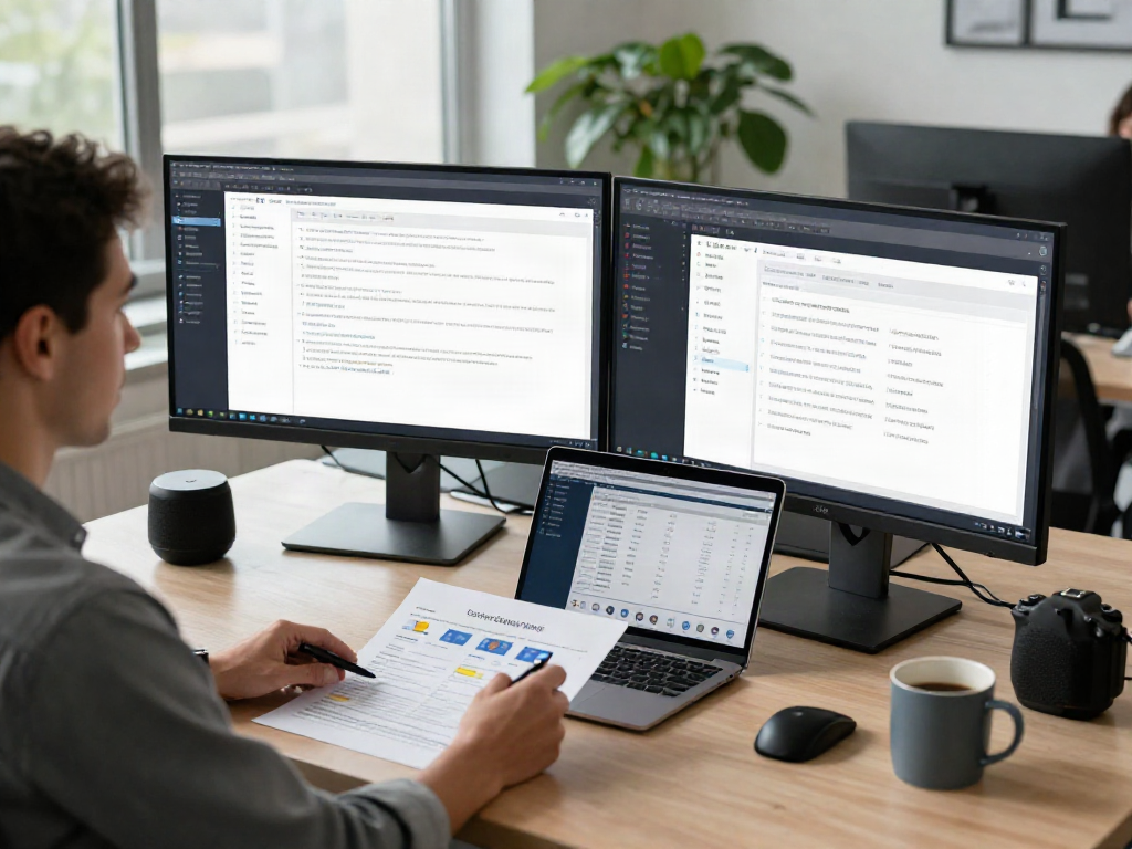 Cybersecurity expert using document fraud detection software in modern office environment.